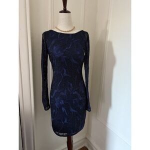 Aidan Mattox Blue Black Floral Beaded Bodycon Cocktail Dress Low Back Size 0
